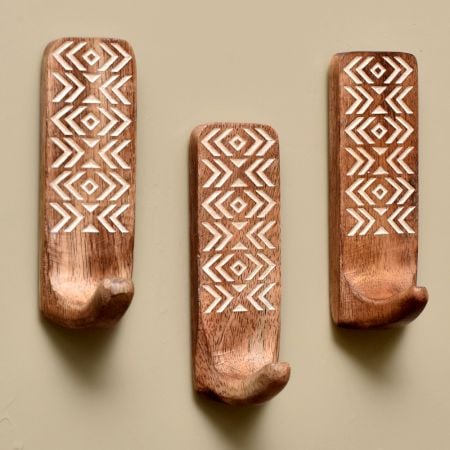 Brown Wooden Adhesive Hooks for Painted Walls - Pack of 3